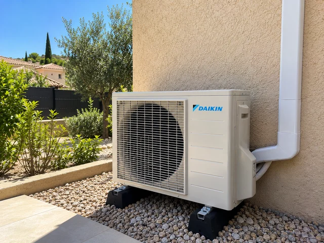 Groupe extérieur Daikin sur deux supports, devant une façade et un jardin