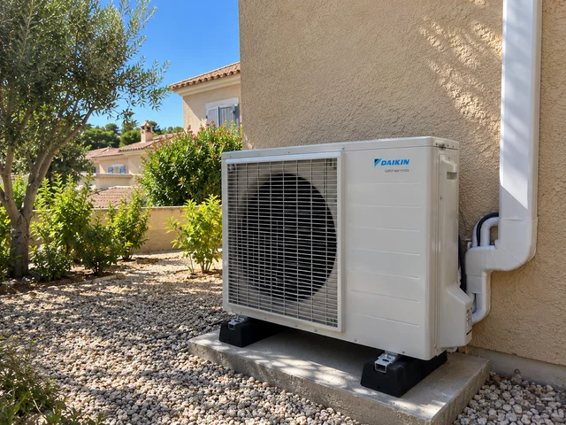 Groupe extérieur de pompe à chaleur Daikin dans un jardin