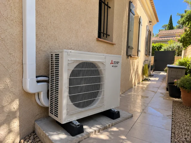 Groupe extérieur Mitsubishi Electric sur un socle au pied d’une façade